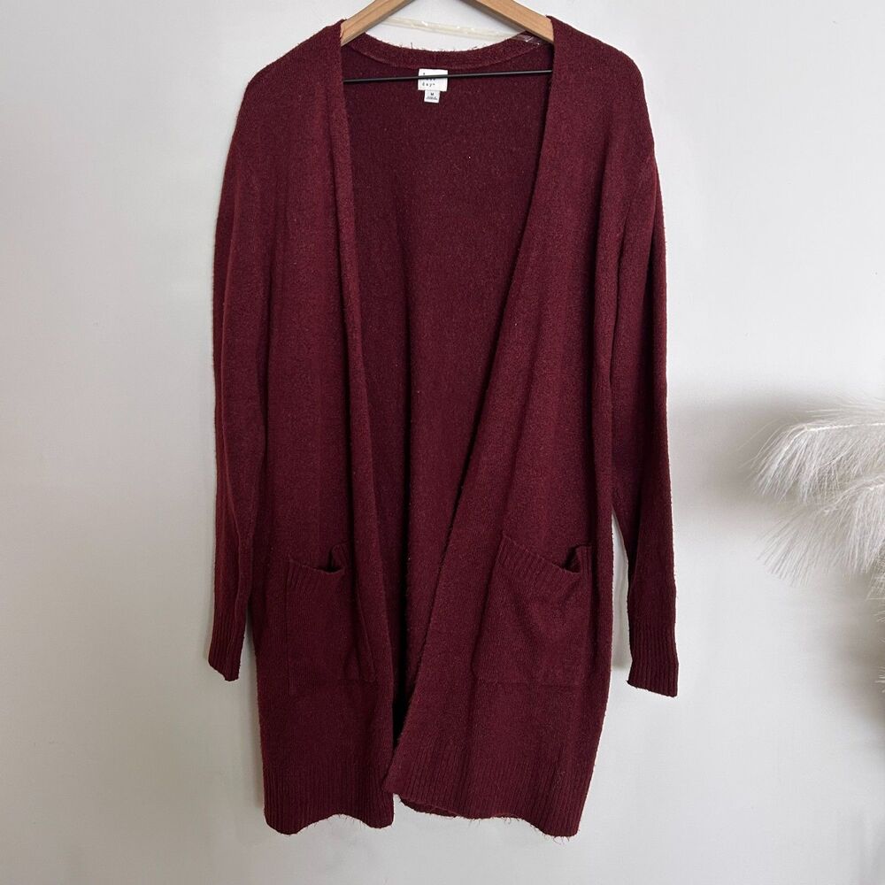 A New Day Burgundy Long Cardigan Medium Open Front Cozy Soft Knit